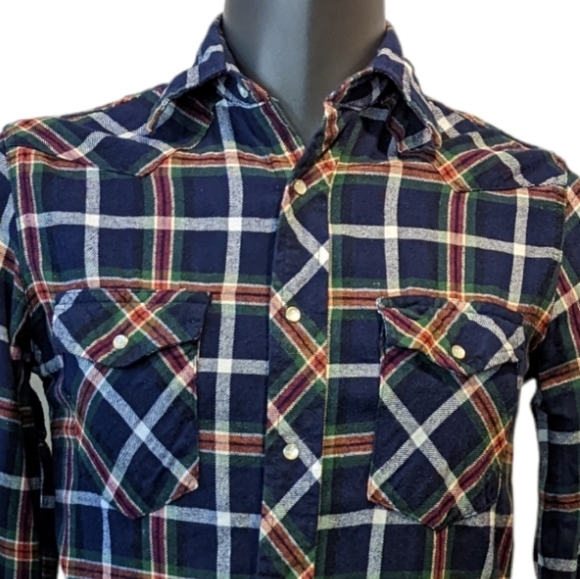 WRANGLER navy blue plaid flannel western shirt NO SIZE TAG - Picture 1 of 6